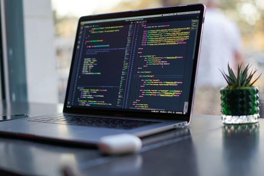 Laptop showing code on a desk beside a plant